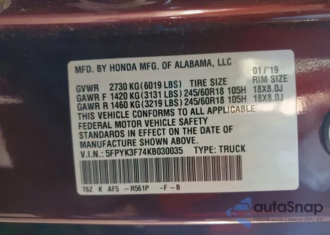 2019 Honda Ridgeline Rtl z USA, uszkodzony, nr VIN 5FPYK3F74KB030035